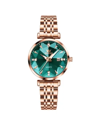Ceas de dama Olevs CS1647, otel inoxidabil, rose gold, cadran verde
