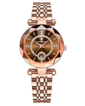 Ceas dama Poedagar CS1497, otel inoxidabil, rose gold, cadran maro
