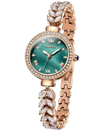 Ceas de dama Olevs CS1615, otel inoxidabil, rose gold, cadran verde