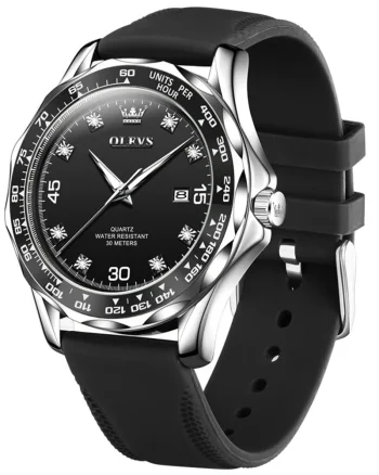 Ceas barbatesc Olevs CS1625, curea de silicon, negru-argintiu, cadran negru