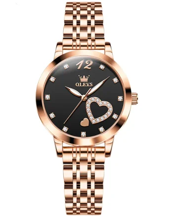 Ceas de dama Olevs CS1692, otel inoxidabil, rose gold, cadran negru