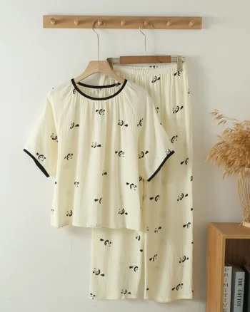 Pijama dama "Panda Mood" din doua piese, PJ025, Bej