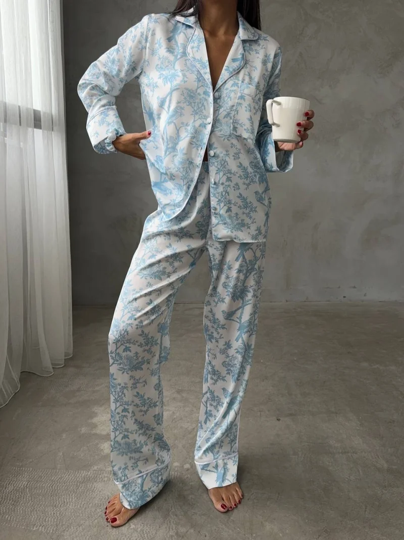 Set pijama dama din doua piese, cu nasturi – 2401692, Print floral albastru