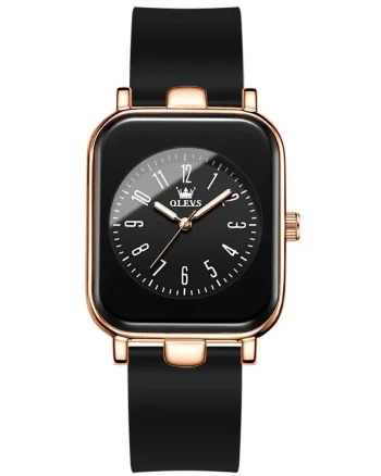 Ceas de dama Olevs CS1595, curea din silicon, negru-rose gold, cadran negru