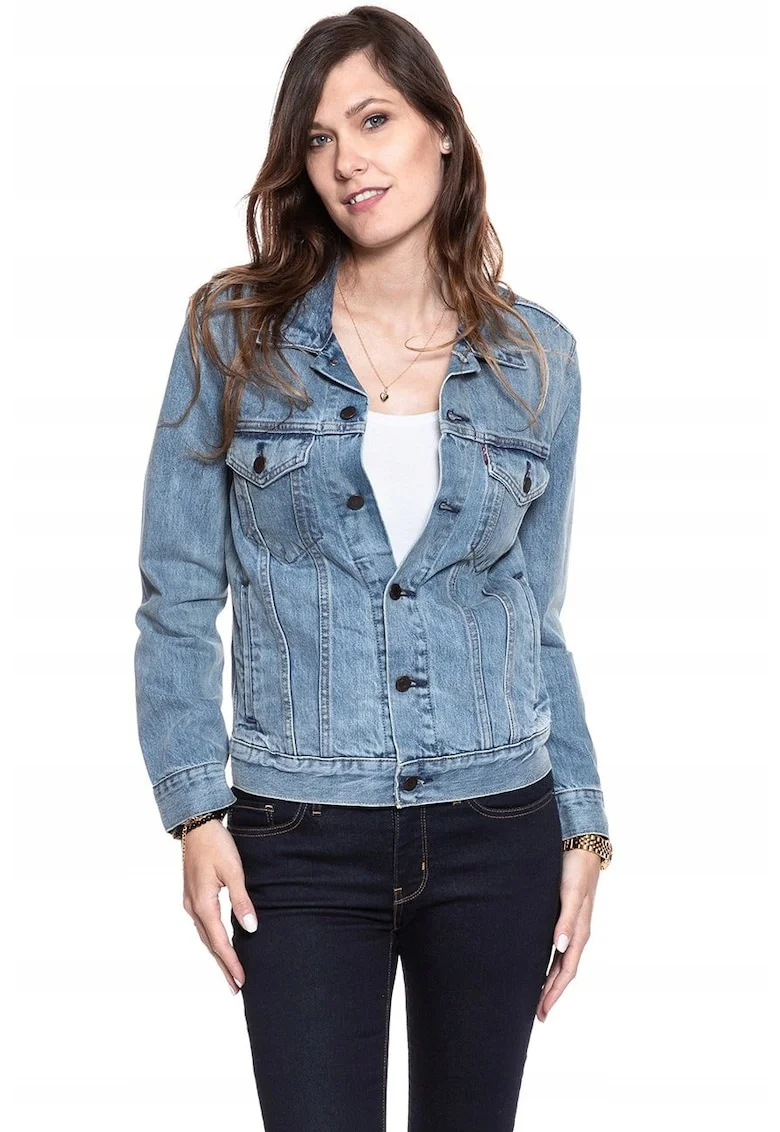 Jacheta Dama,  Trucker Jeans, Regular Fit, Denim Design, Fara Gluga, Cu Nasturi, Bumbac, Marime XS, Albastru