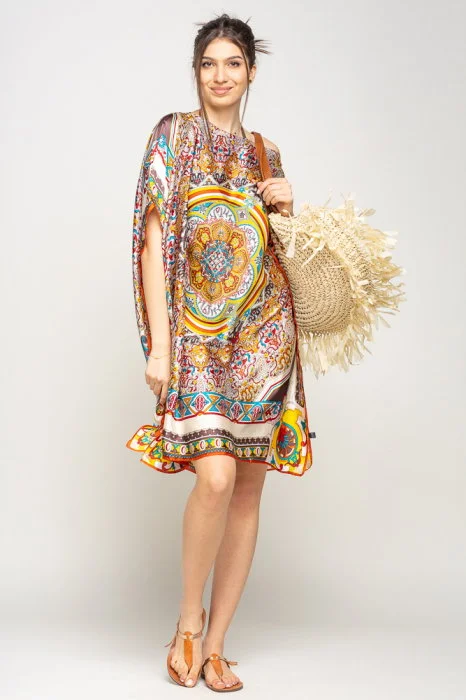 Rochie de plaja tip poncho din matase cu mandala centrala in chenar bej si caramiziu
