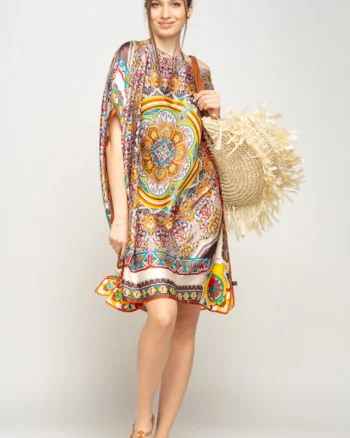Rochie de plaja tip poncho din matase cu mandala centrala in chenar bej si caramiziu