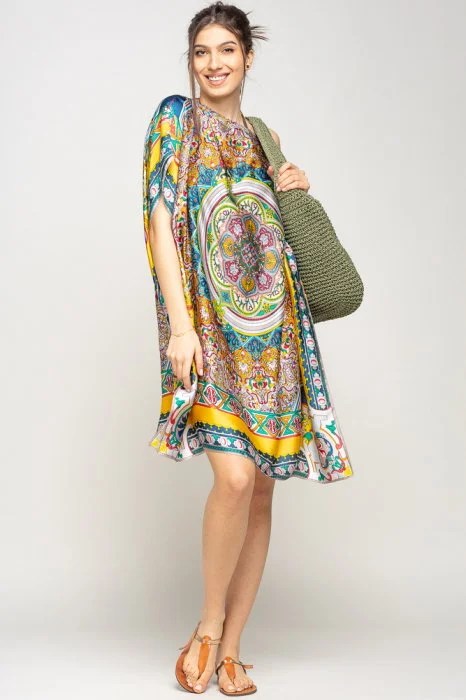 Rochie de plaja tip poncho din matase cu mandala centrala in chenar galben si gri