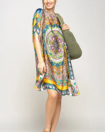 Rochie de plaja tip poncho din matase cu mandala centrala in chenar galben si gri