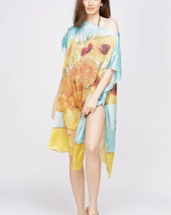 Rochie de plaja tip poncho din matase cu reproducere dupa    Floarea Soarelui   de Van Gogh