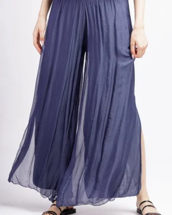 Pantaloni bleumarin din matase si vascoza, cu crapaturi laterale