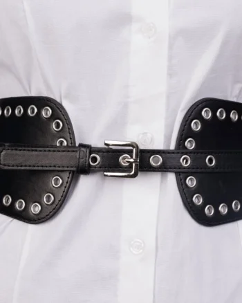 Curea neagra din piele ecologica cu catarama si capse metalice argintii, cu elastic la spate