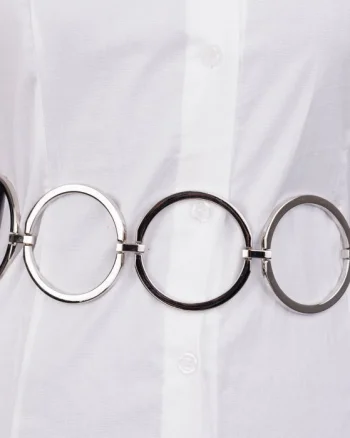 Curea flexibila cu 3 cercuri metalice argintii de 7 cm cu material elastic negru la spate