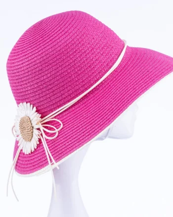 Palarie de paie impletita cu decoratiune margareta, fucsia