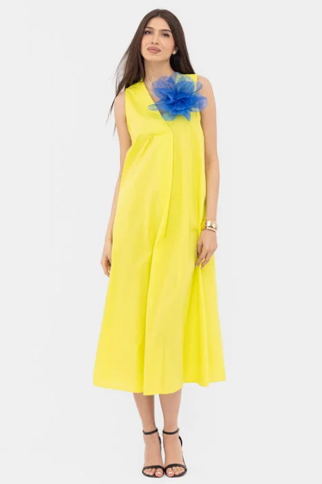 Rochie lunga A-line cu decolteu in V, din poplin de bumbac, verde lime