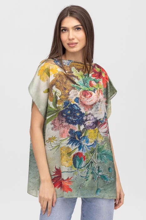 Bluza de vara tip poncho din matase cu imprimeu floral