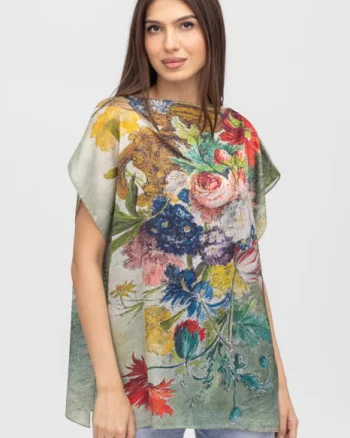 Bluza de vara tip poncho din matase cu imprimeu floral