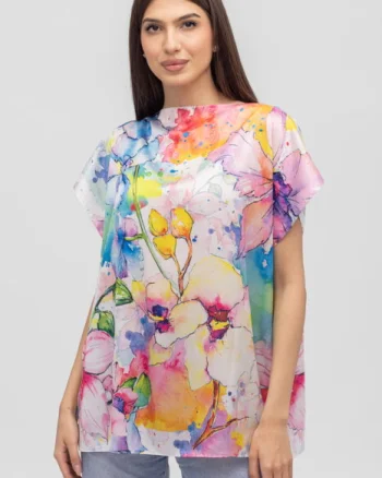 Bluza de vara tip poncho din matase cu imprimeu aquarela floral