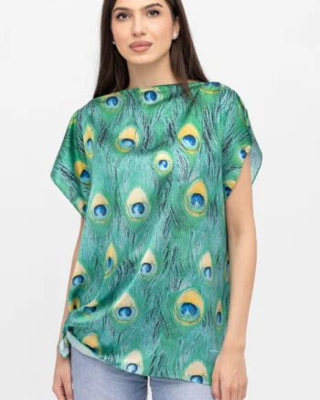 Bluza de vara tip poncho din matase cu imprimeu coada de paun