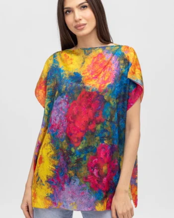 Bluza de vara tip poncho din matase cu imprimeu flori mari