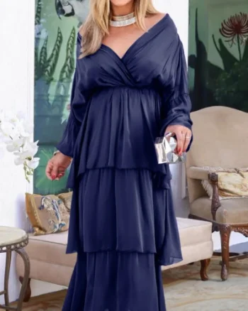 Rochie lunga suprapusa din matase, cu trei volane mari si maneca lunga, bleumarin