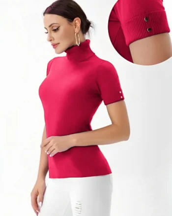 Helanca pulover cu maneca scurta, nasturei metalici si guler inalt, fucsia