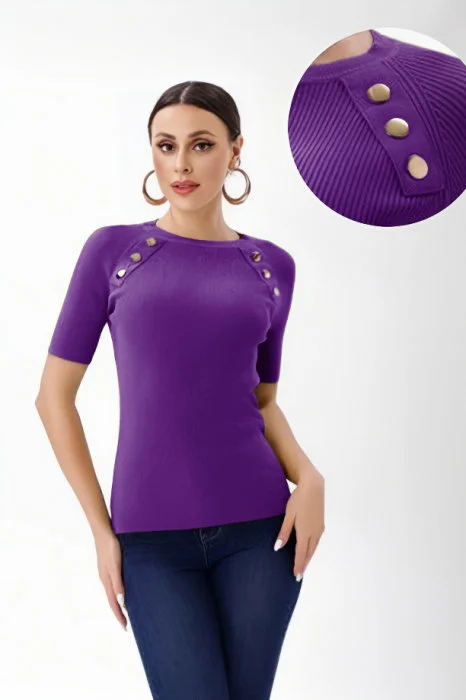 Pulover cu maneca scurta si nasturi metalici decorativi, mov