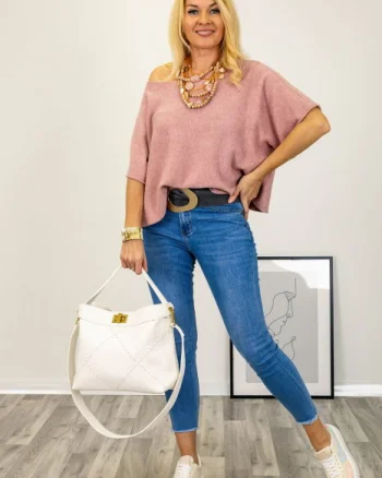 Pulover versatil cu maneca fluture din vascoza, roz prafuit