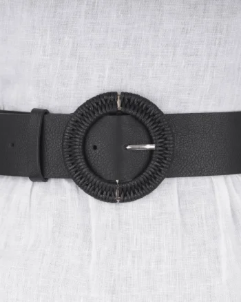 Curea lata neagra de 5 cm, din piele ecologica cu catarama metalica argintie imbracata in impletitura