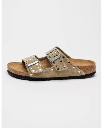 Papuci de piele intoarsa cu nituri Arizona, Maro taupe/Argintiu