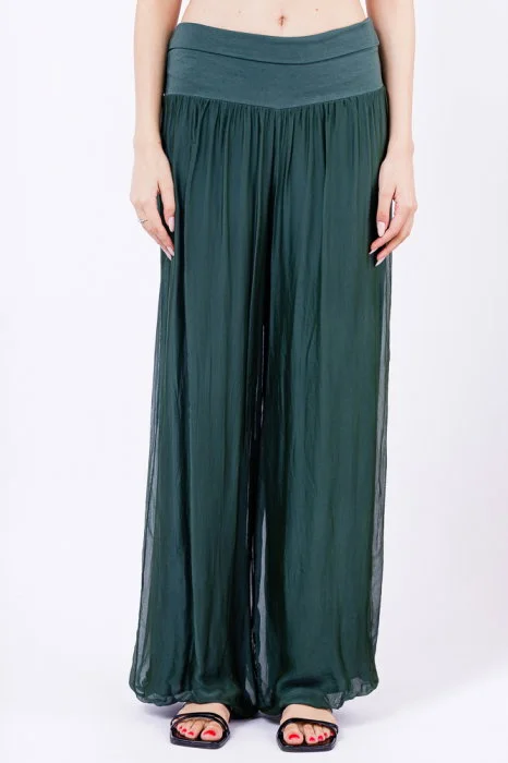 Pantaloni verde inchis din matase si vascoza,, tip salvari
