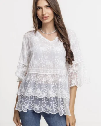 Bluza brodata cu volane din dantela de bumbac, alba