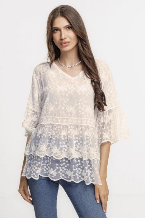 Bluza brodata cu volane din dantela de bumbac, bej