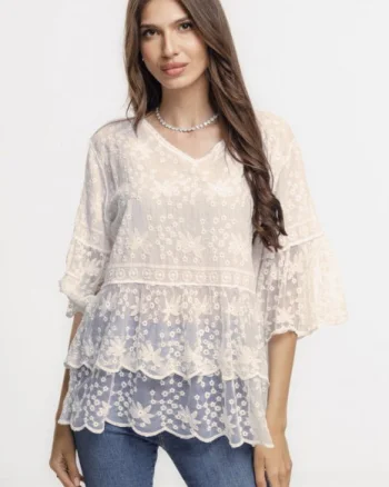 Bluza brodata cu volane din dantela de bumbac, bej