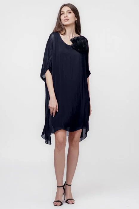 Rochie midi, dreapta, din matase si vascoza, cu funda pe spate, bleumarin