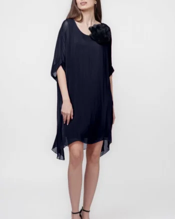 Rochie midi, dreapta, din matase si vascoza, cu funda pe spate, bleumarin