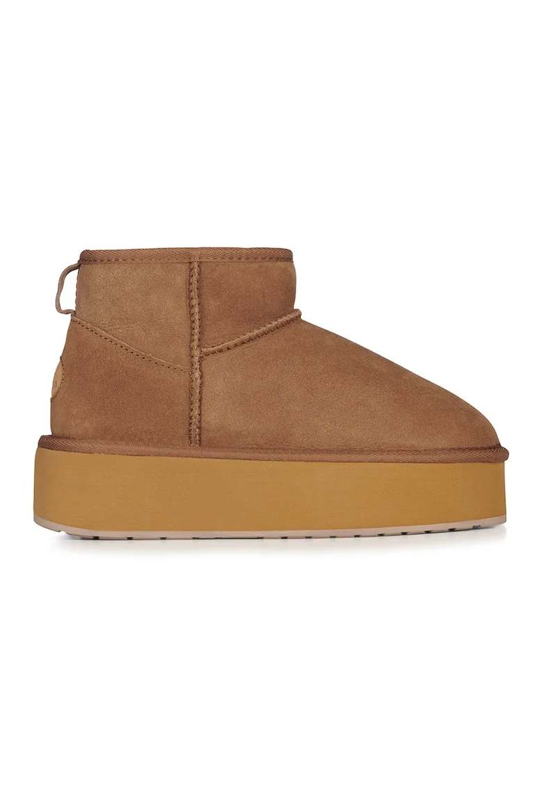 Cizme flatform de piele intoarsa, fara inchidere Stinger, Maro camel