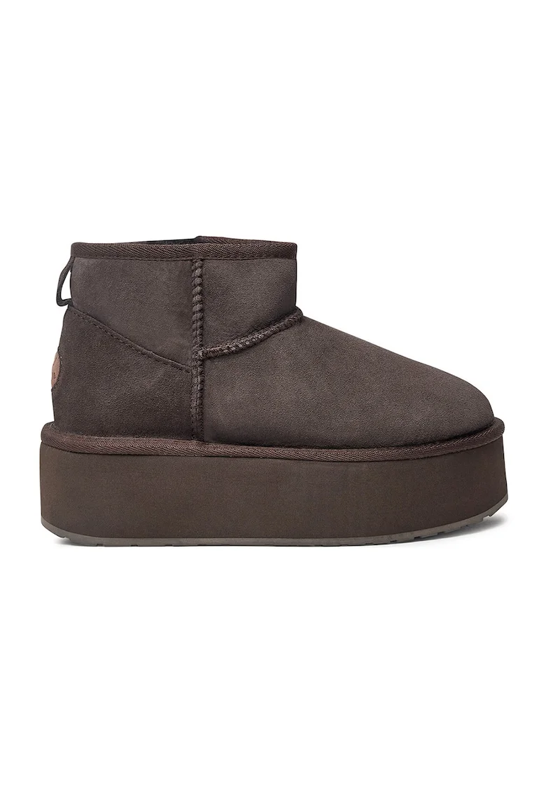 Cizme flatform de piele intoarsa, fara inchidere Stinger, Maro inchis