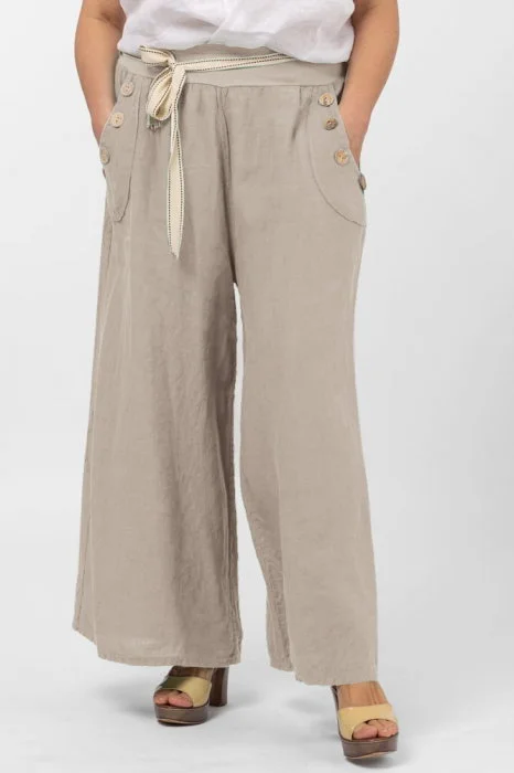 Pantaloni largi de vara, din in, cu nasturi din lemn la buzunare, bej