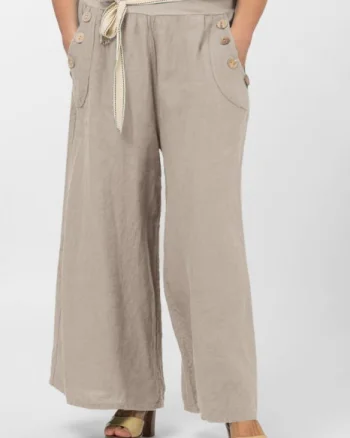 Pantaloni largi de vara, din in, cu nasturi din lemn la buzunare, bej