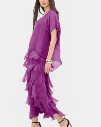 Rochie magenta din matase si vascoza cu  volane franjurate suprapuse