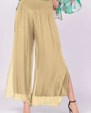 Pantaloni camel deschis din matase naturala cu crapaturi laterale