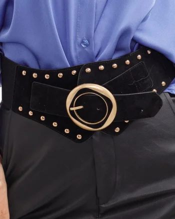 Centura corset lata din piele ecologica neagra cu catarama si tinte aurii si elastic la spate