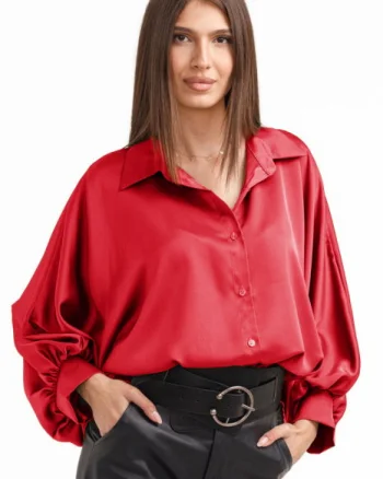 Camasa eleganta din satin, cu maneci bufante, rosie