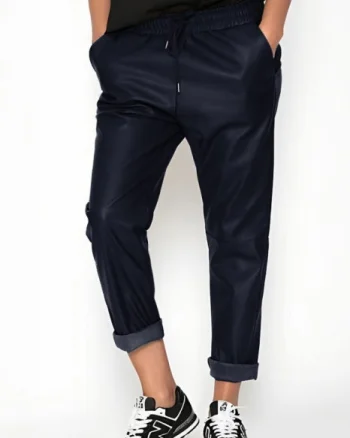 Pantaloni lungi bleumarin din piele ecologica cu snur in talie