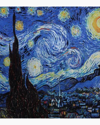 Esarfa premium din matase cu dubla fata, imprimeu cu o reproducere dupa pictura celebra a lui Van Gogh   Noapte Instelata