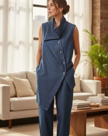 Vesta lunga arhitecturala cu design asimetric, din denim