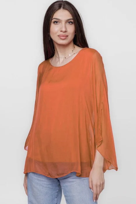 Bluza din matase si vascoza cu maneca clopot, caramizie
