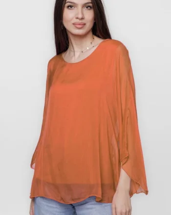Bluza din matase si vascoza cu maneca clopot, caramizie