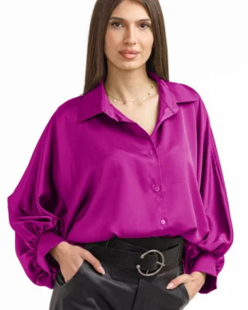 Camasa eleganta din satin, cu maneci bufante, magenta